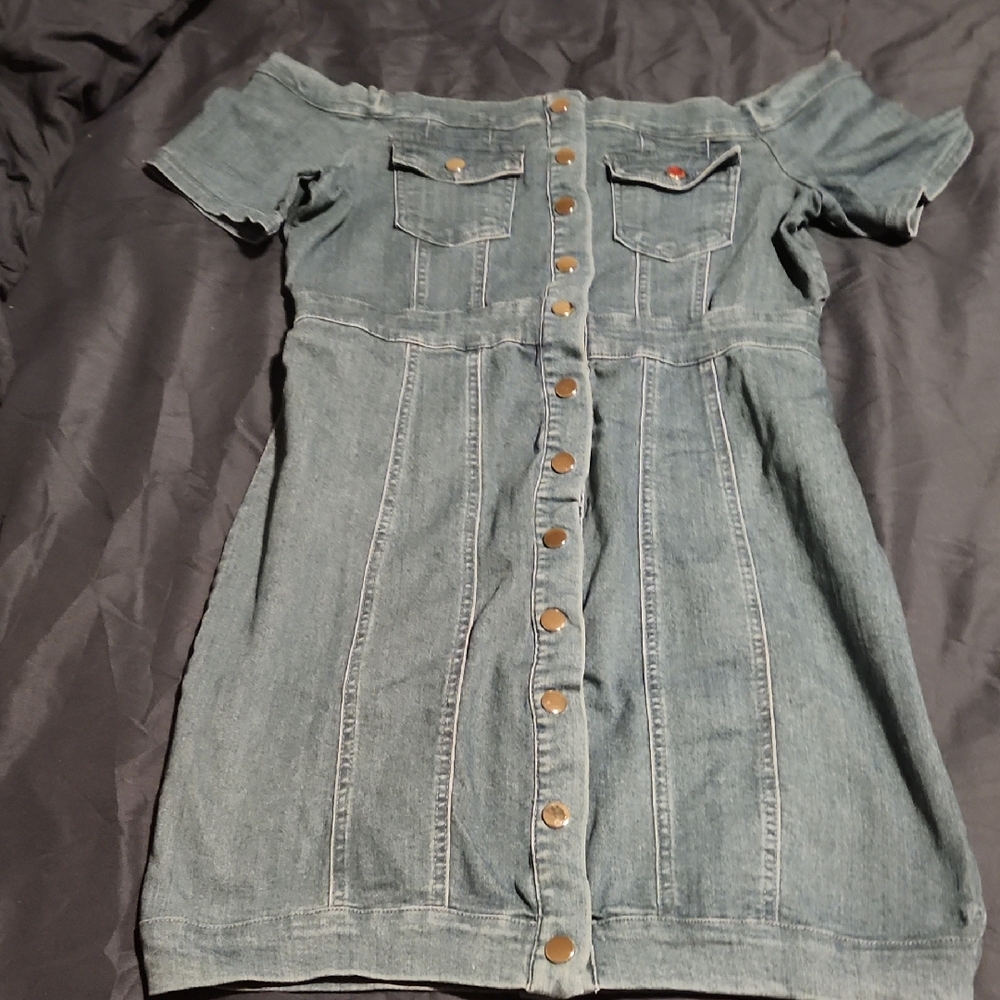 Off-Shoulder Denim Dress with Button Front